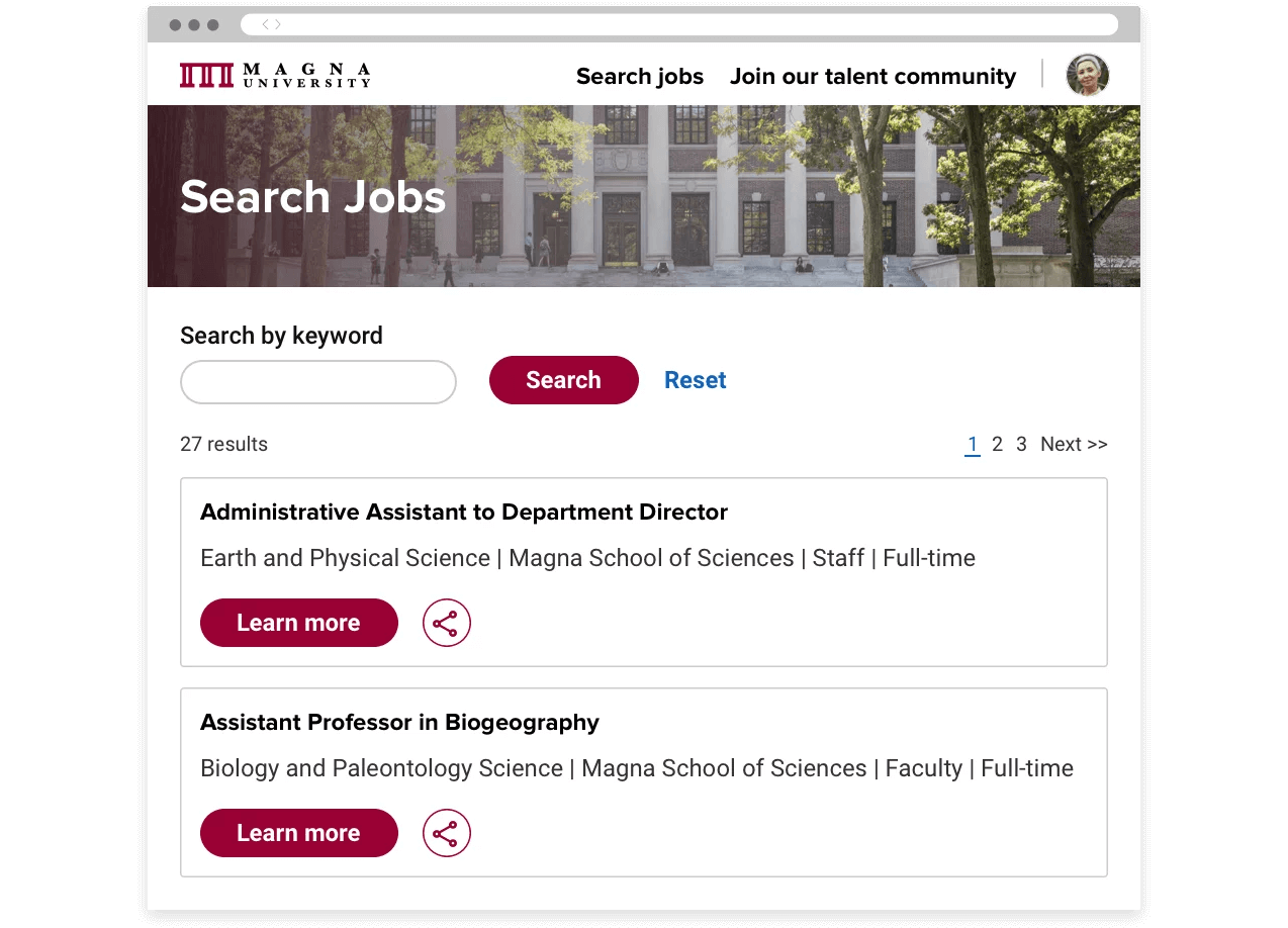 A university career portal showing a search bar and open jobs. Candidates can use search filters to find and apply to jobs.