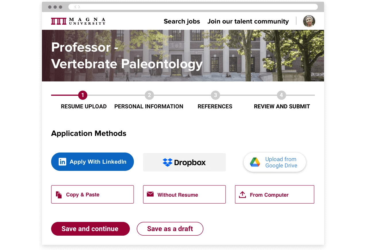 A university careers page, and the first step of an application process. Users can apply using a variety of social media.