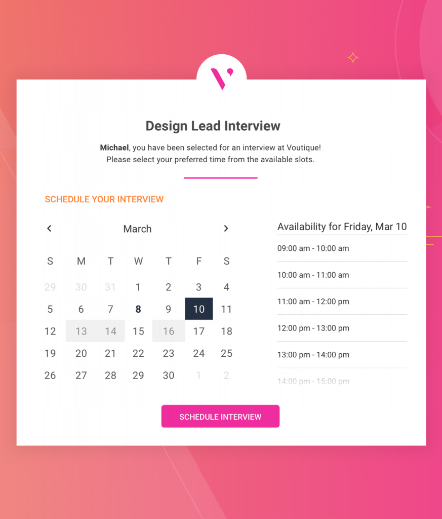 An interview scheduling portal showing a calendar and available timeslots for a candidate to provide their availability.