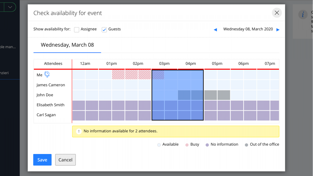The Avature calendar's Check Availability feature showing attendees' availability before scheduling an interview.