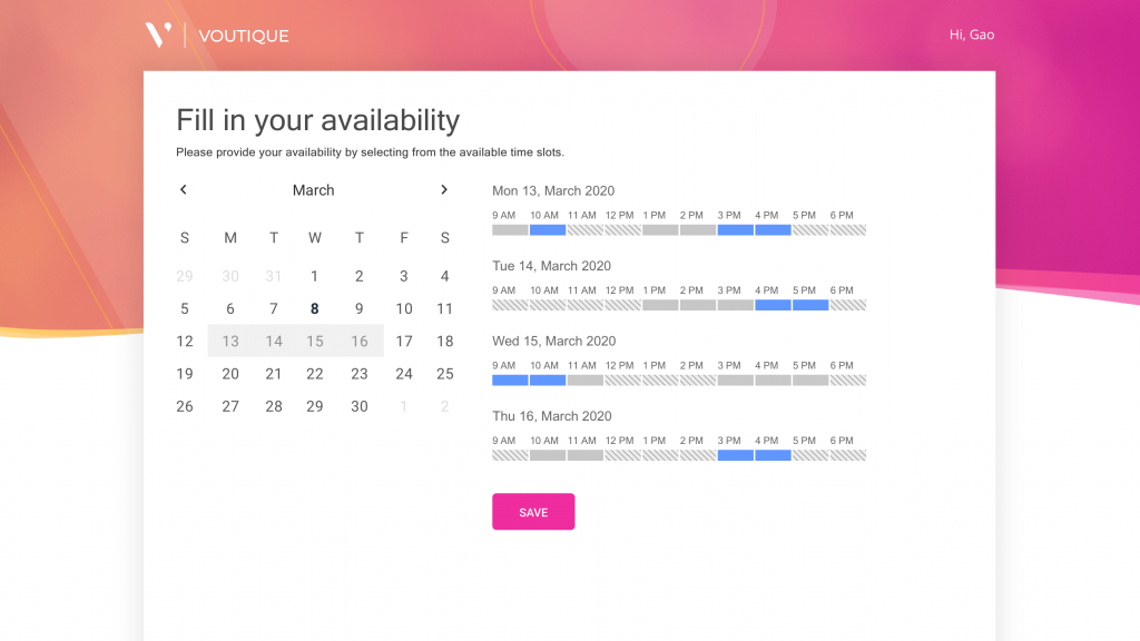 An interview scheduling portal showing a calendar and available timeslots for an internal stakeholder to provide their availability.