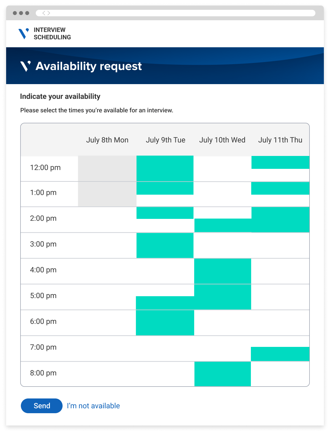 An interview scheduling portal, showing the available time slots a candidate can choose from.