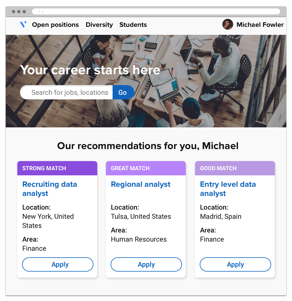 A career site displaying job recommendations, ranked by how strongly they match a candidate's profile.