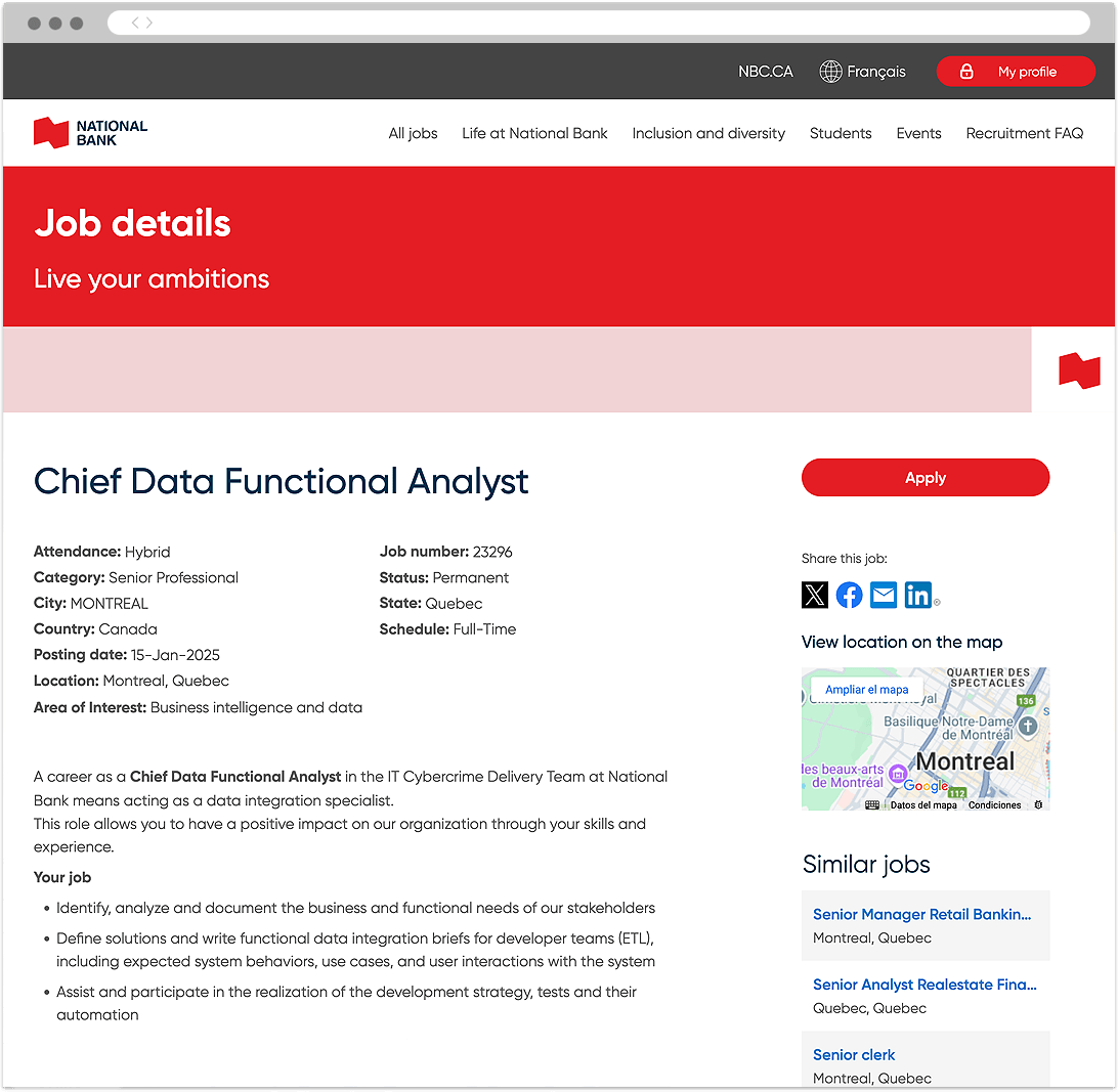 career site showing a job detail page of National Bank