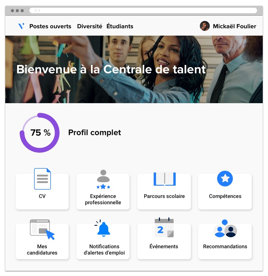 Page d’un profil candidat pour télécharger un CV, fournir des informations sur le parcours scolaire et professionnel, etc.