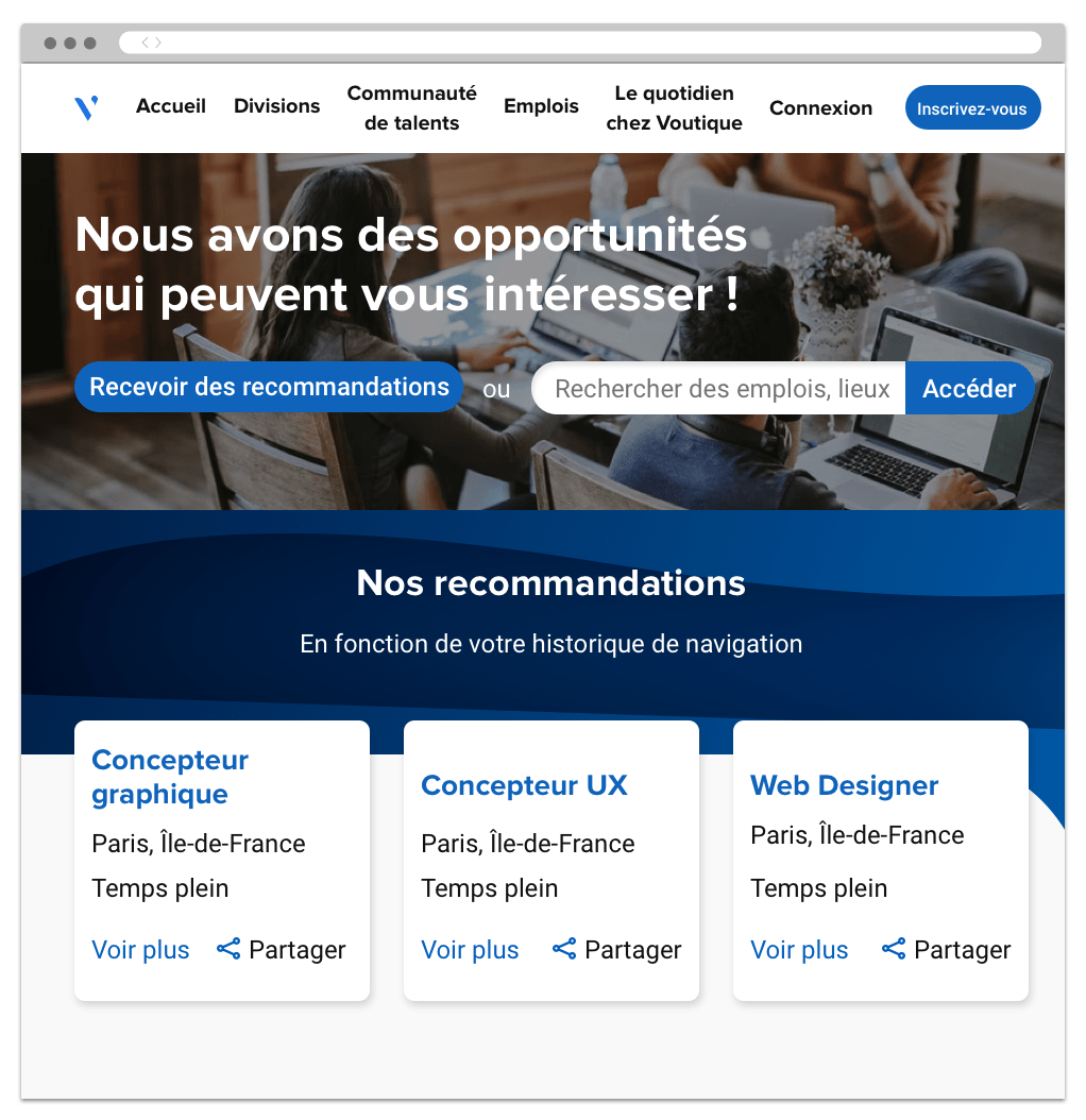 Site carrière affichant une liste d'emplois recommandés à l'utilisateur et barre de recherche d’opportunités.