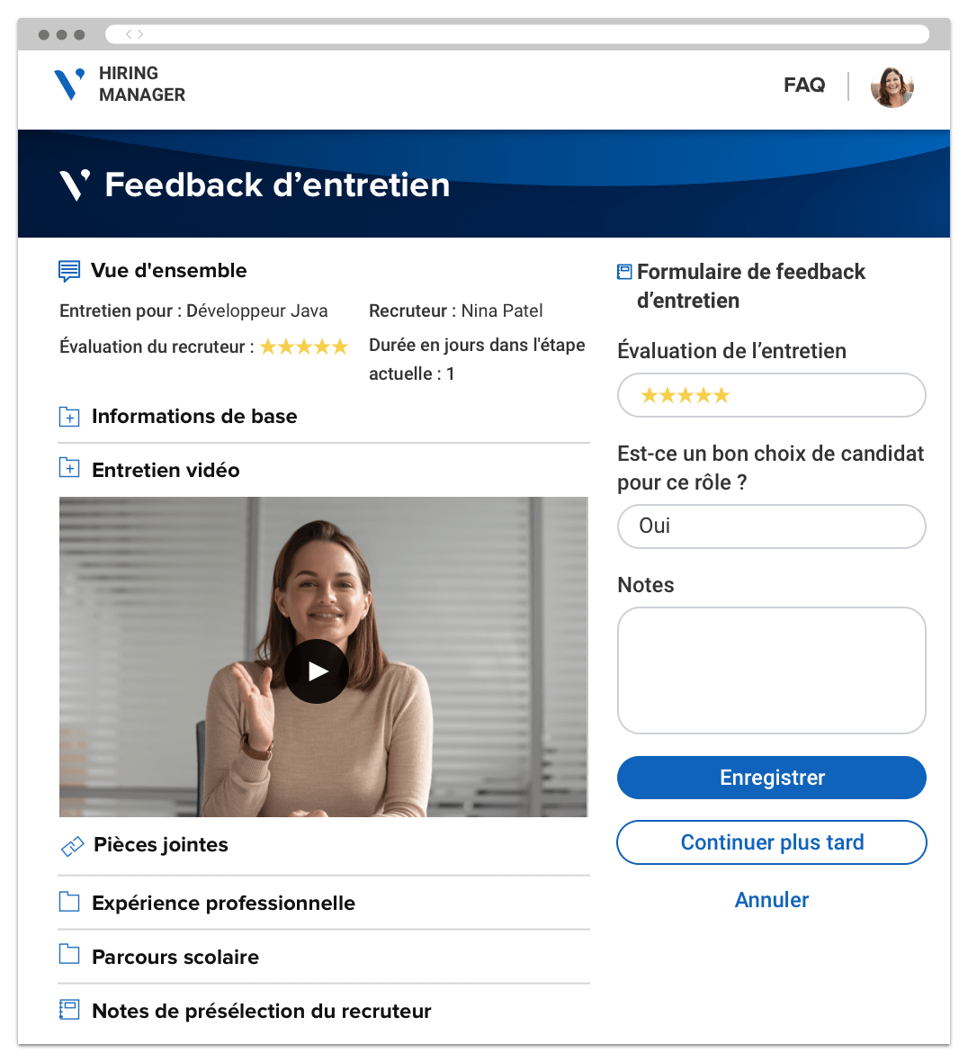 Microsite d'entretien différé avec sections d'infos sur les candidats, entretien différé et formulaire de feedback d’entretien.