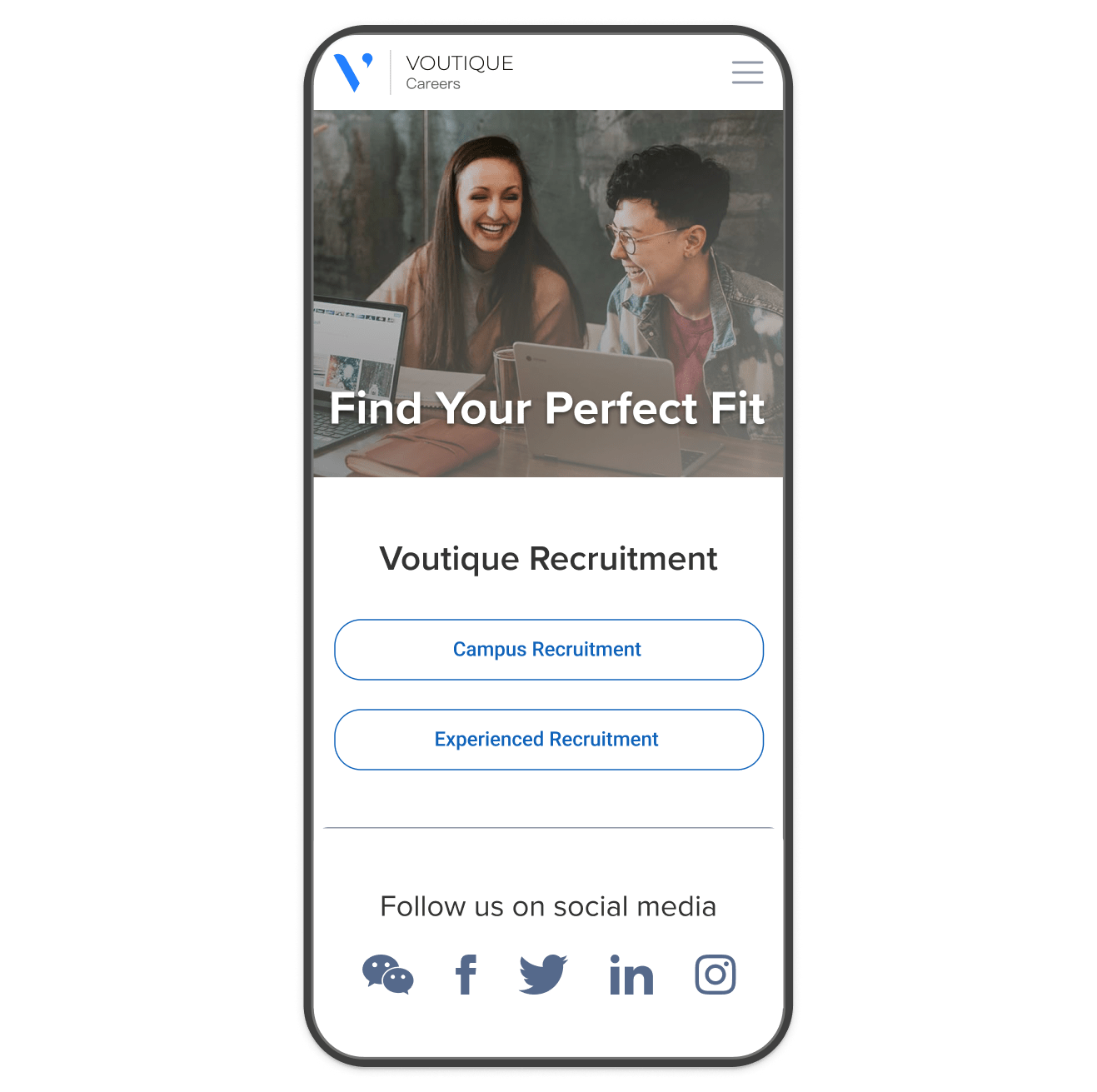 A mobile career portal, displaying options for a candidate to apply for jobs and to follow the company on social media.