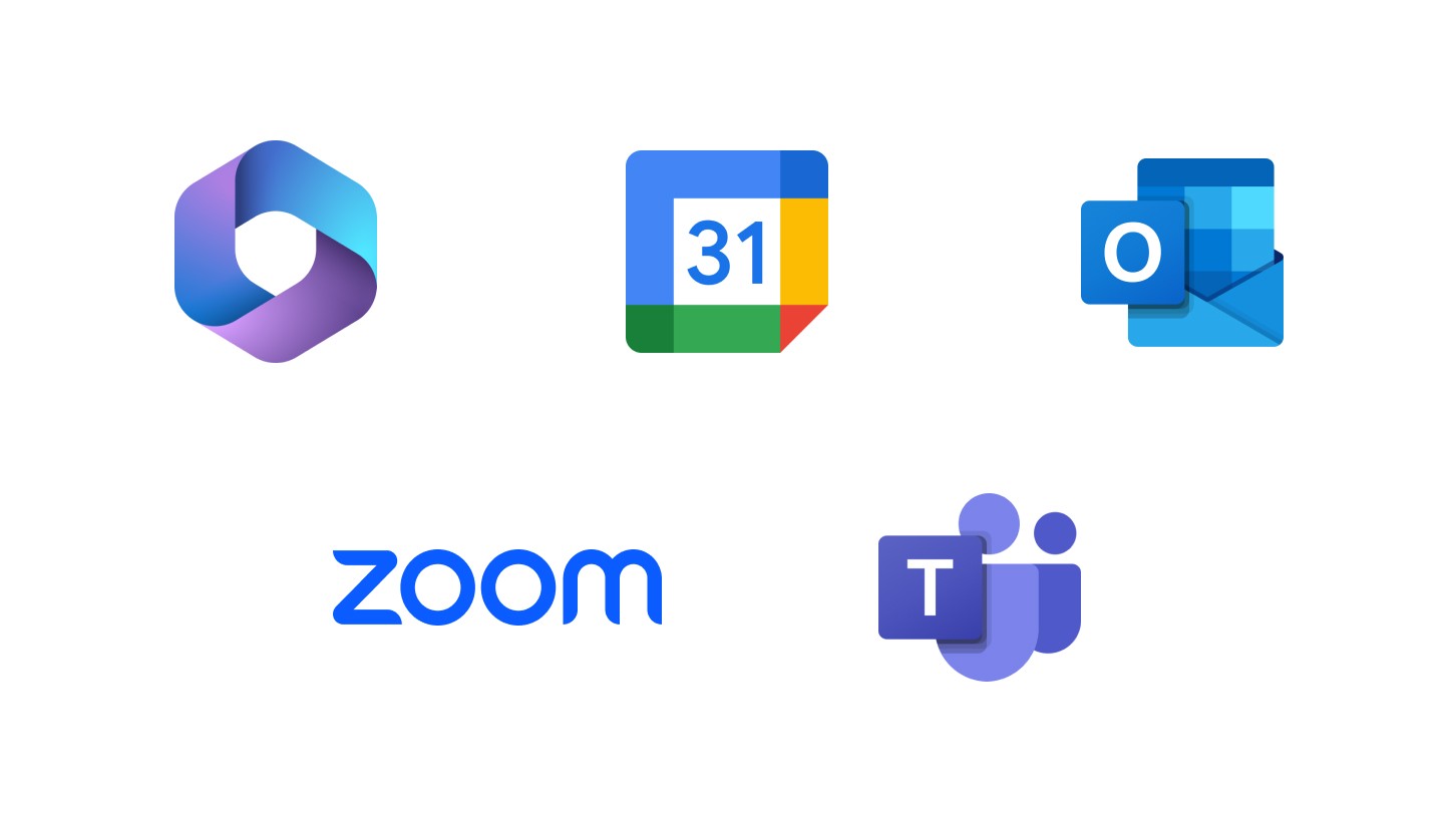 Logos of Microsoft EWS, Google Calendar, Microsoft Outlook, Zoom and Microsoft Teams.