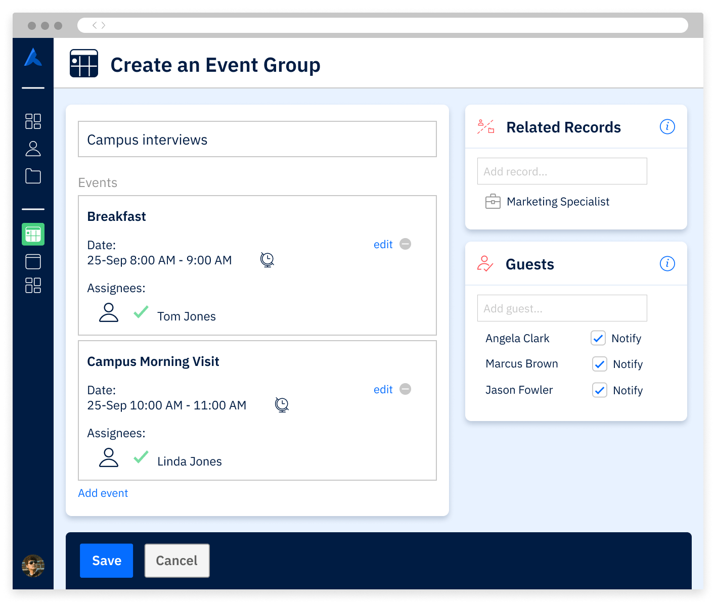 An Avature screen showing how to Create an Event Group for a campus interview in Avature