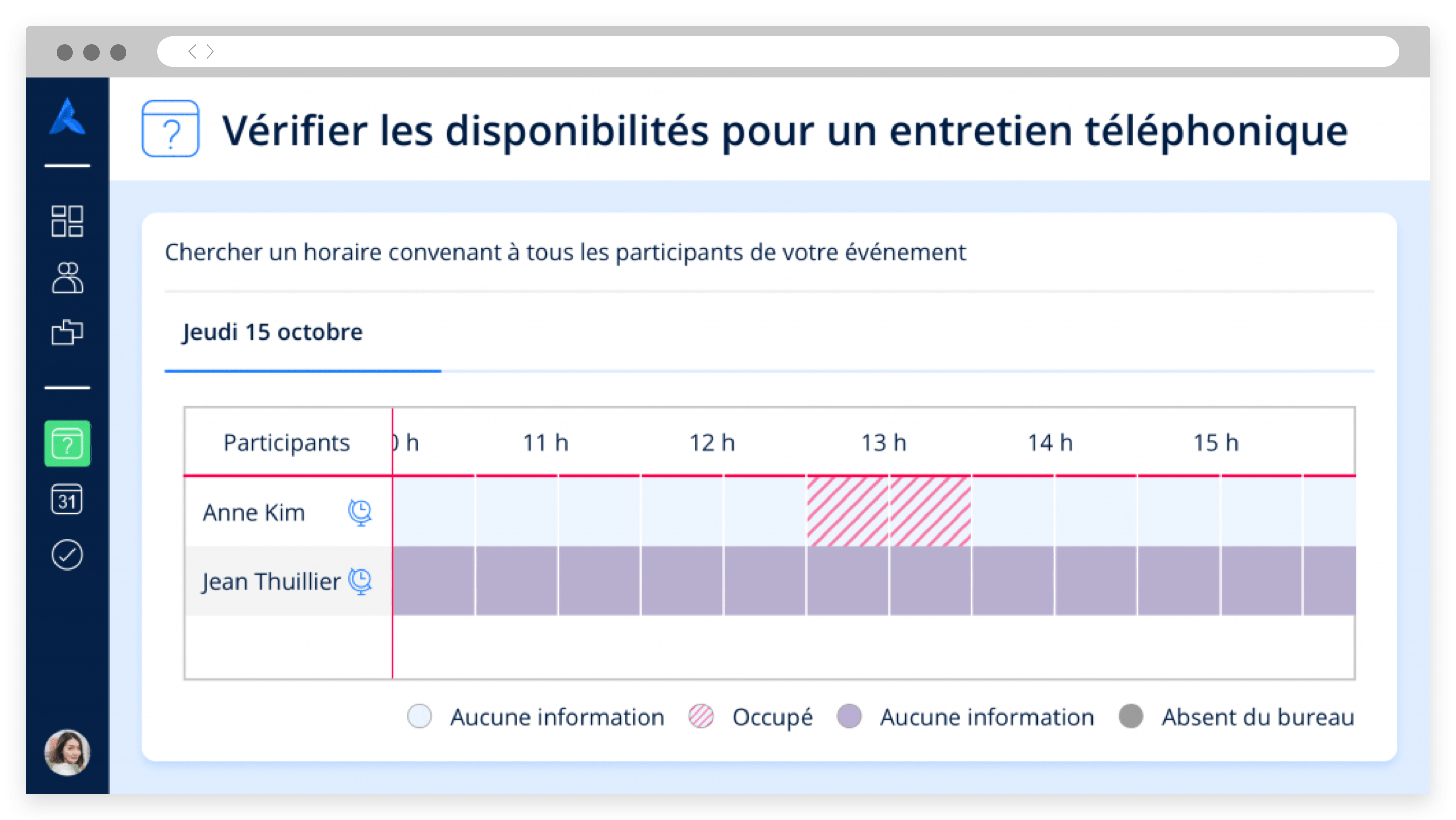 Vérification des disponibilités du calendrier Avature pour connaître la disponibilité des participants avant de planifier un entretien.