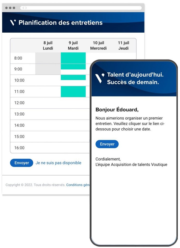 Portail de planification d’entretiens pour sélectionner les créneaux, et portail mobile pour l’envoi d’invitations par les recruteurs.