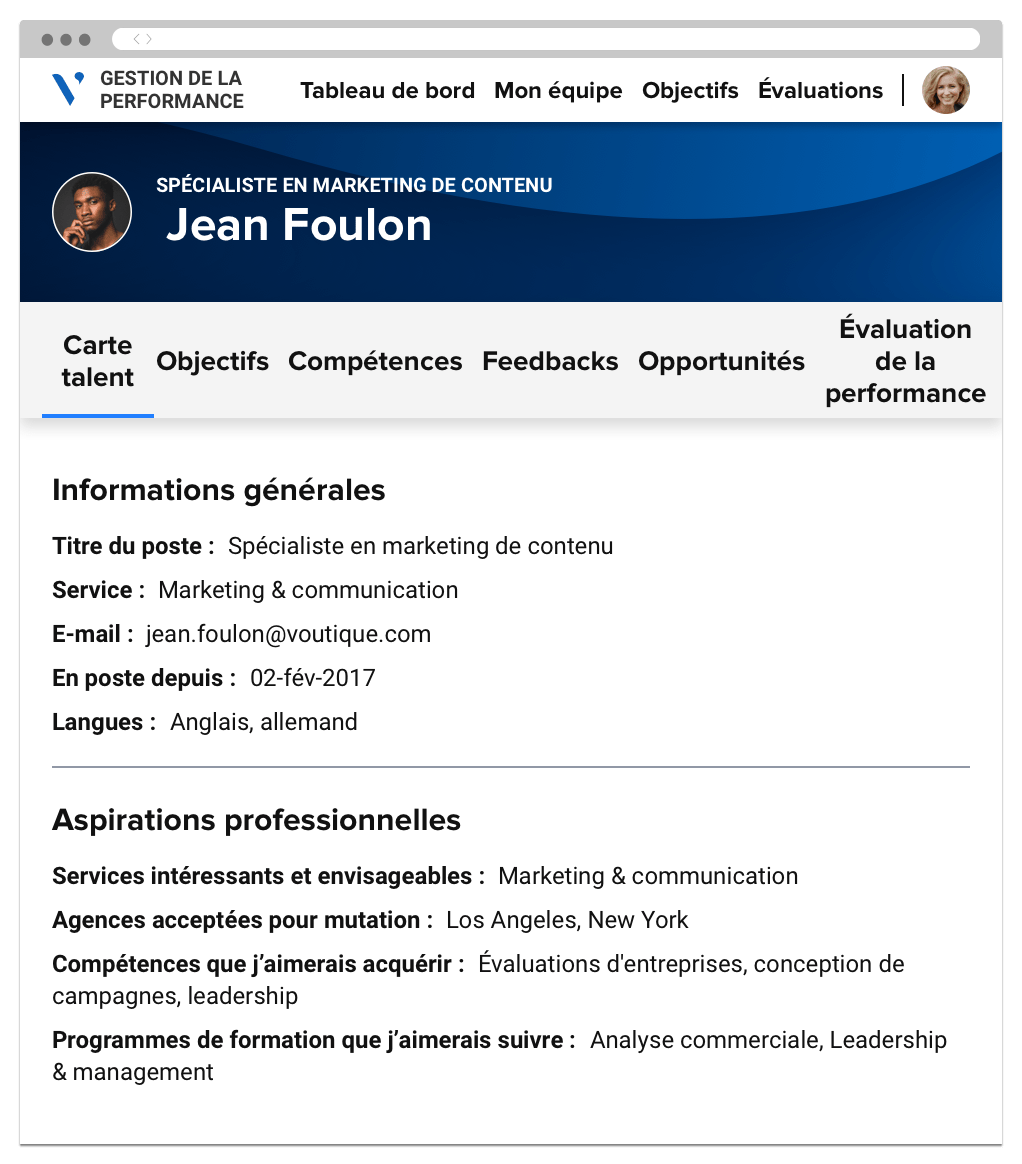 Profil d'employé dans le module Gestion de la performance Avature avec ses informations de base et ses aspirations professionnelles.