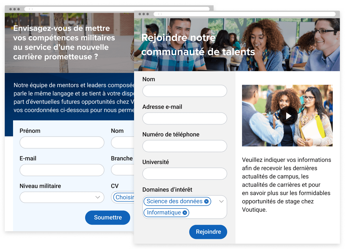 2 pages de candidature personnalisées : 1 pour le recrutement sur les campus et 1 pour un programme de recrutement de vétérans.