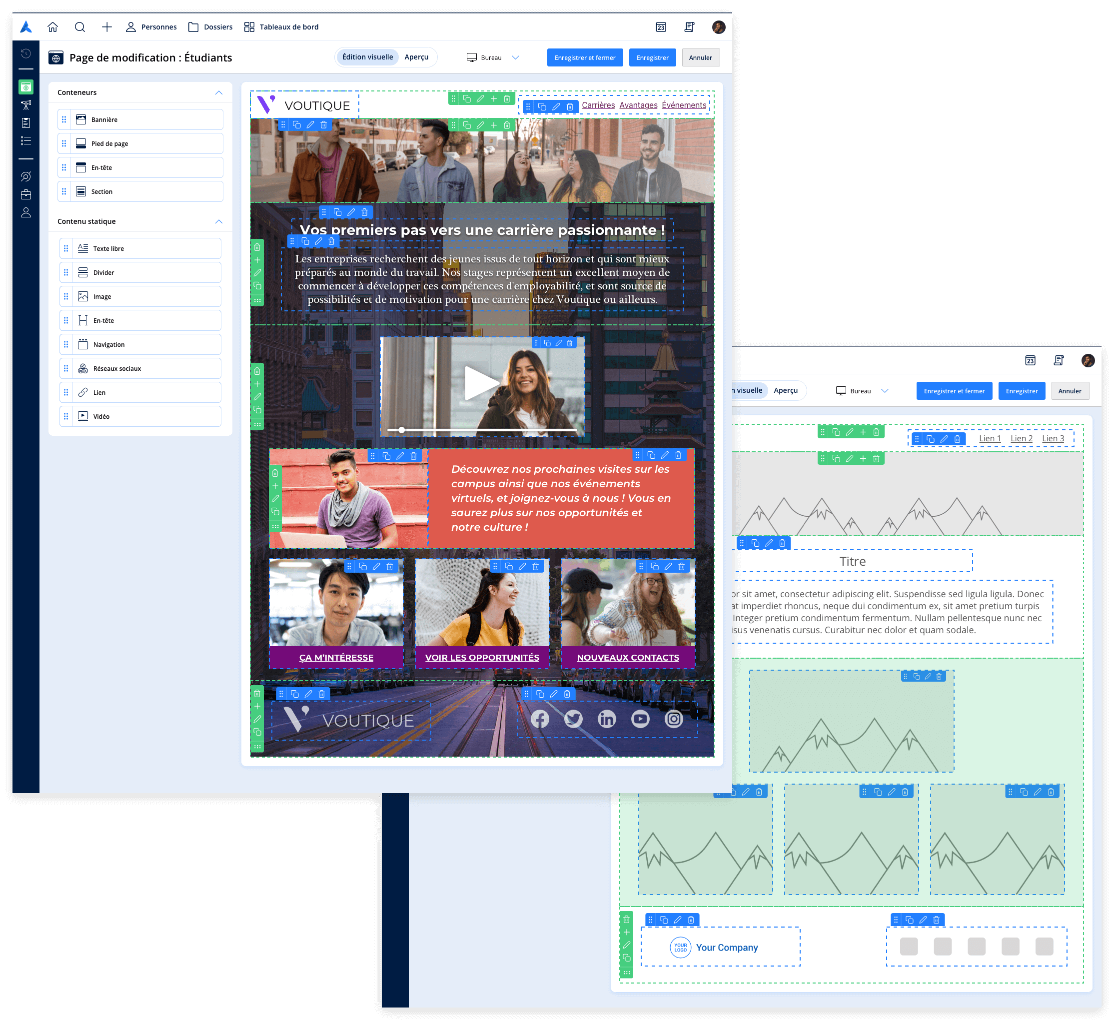 Capture d’écran de l’outil Créateur de pages de portail Avature montrant les différents éléments qui composent l’interface intuitive par glisser-déposer.