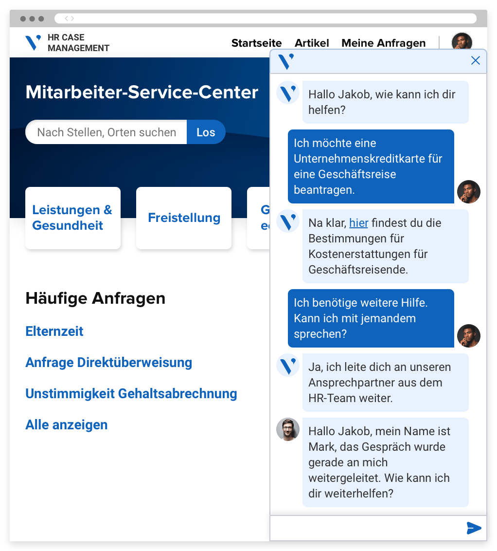 An Employee Service Center portal with common requests, a search bar and a chat window with a service representative.