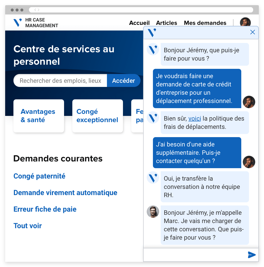 An Employee Service Center portal with common requests, a search bar and a chat window with a service representative.