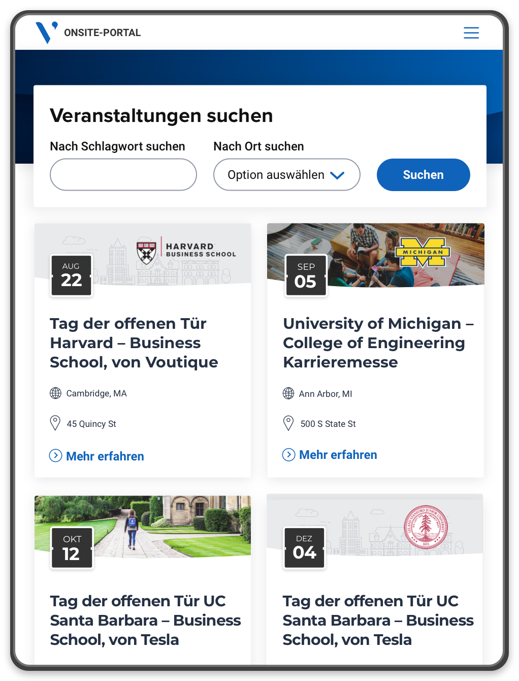 Ein Portal, das Events an verschiedenen Hochschulen und eine Suchleiste zur Schlagwort- und Standortsuche von Veranstaltungen zeigt.