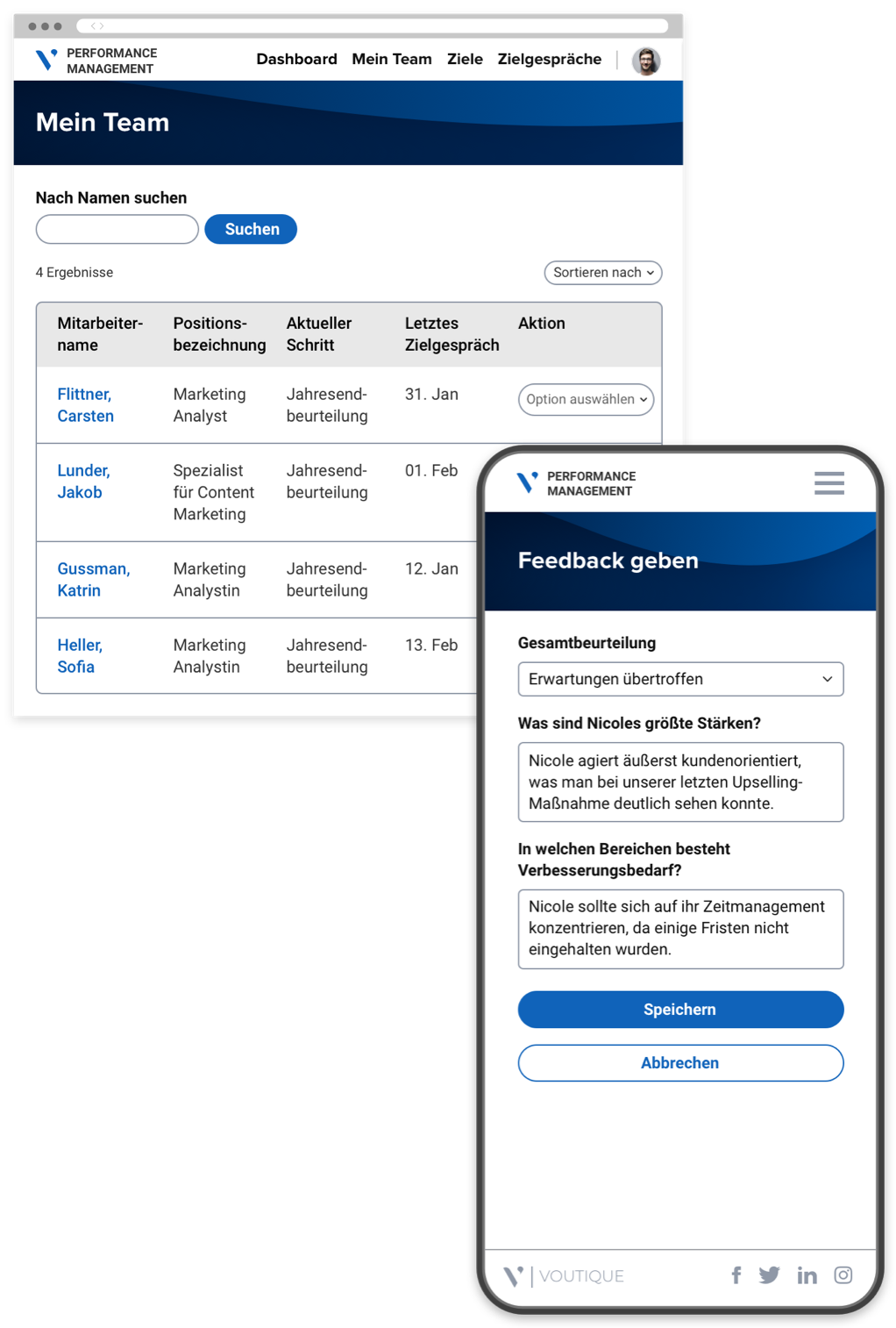 Ein Leistungsmanagement-Portal eines Managers mit einer Liste an Teammitgliedern und ein Mobiltelefon-Bildschirm mit Feedback-Formular.