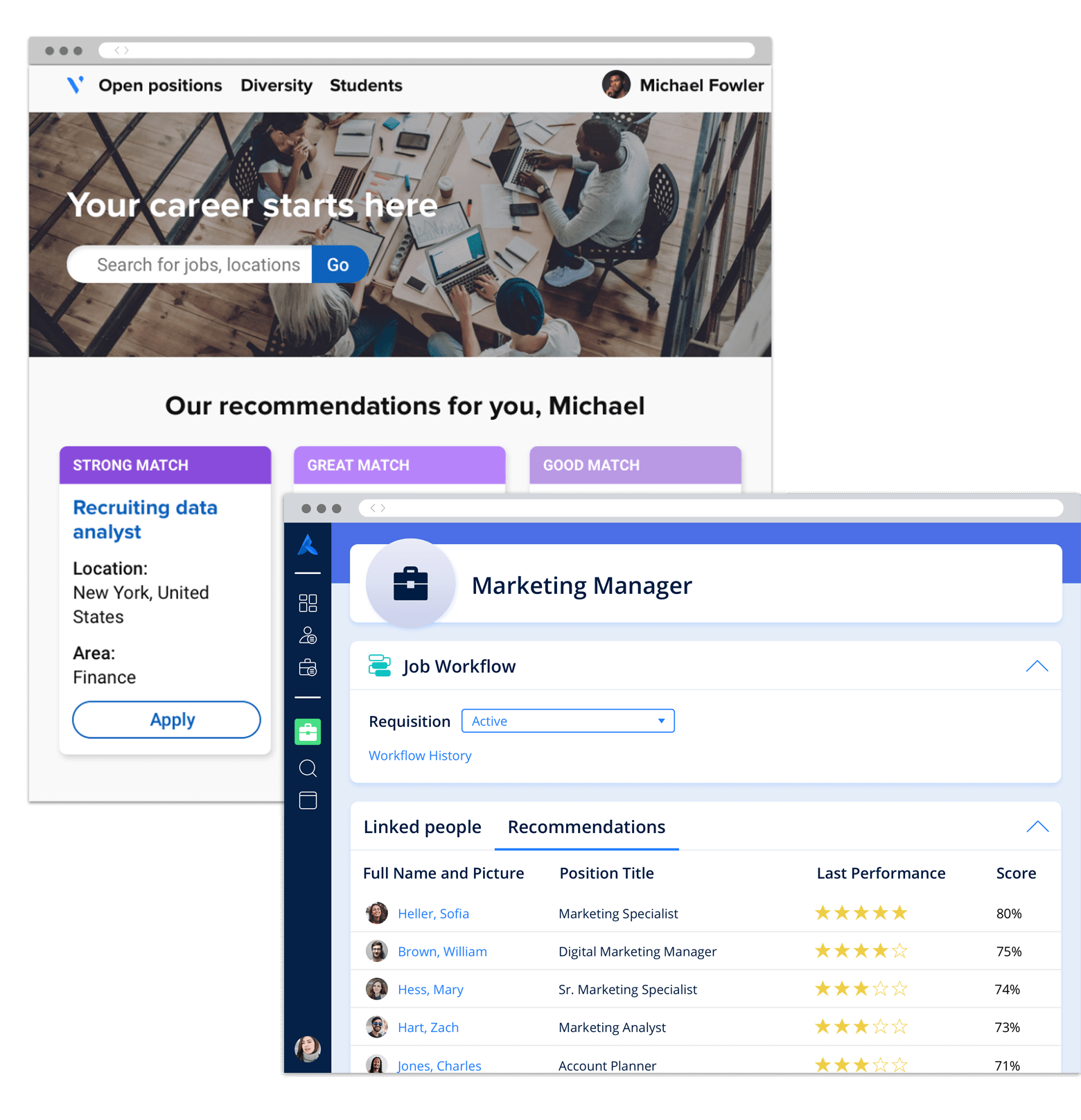 A career site displaying job recommendations, ranked by how strongly they match a candidate's profile.