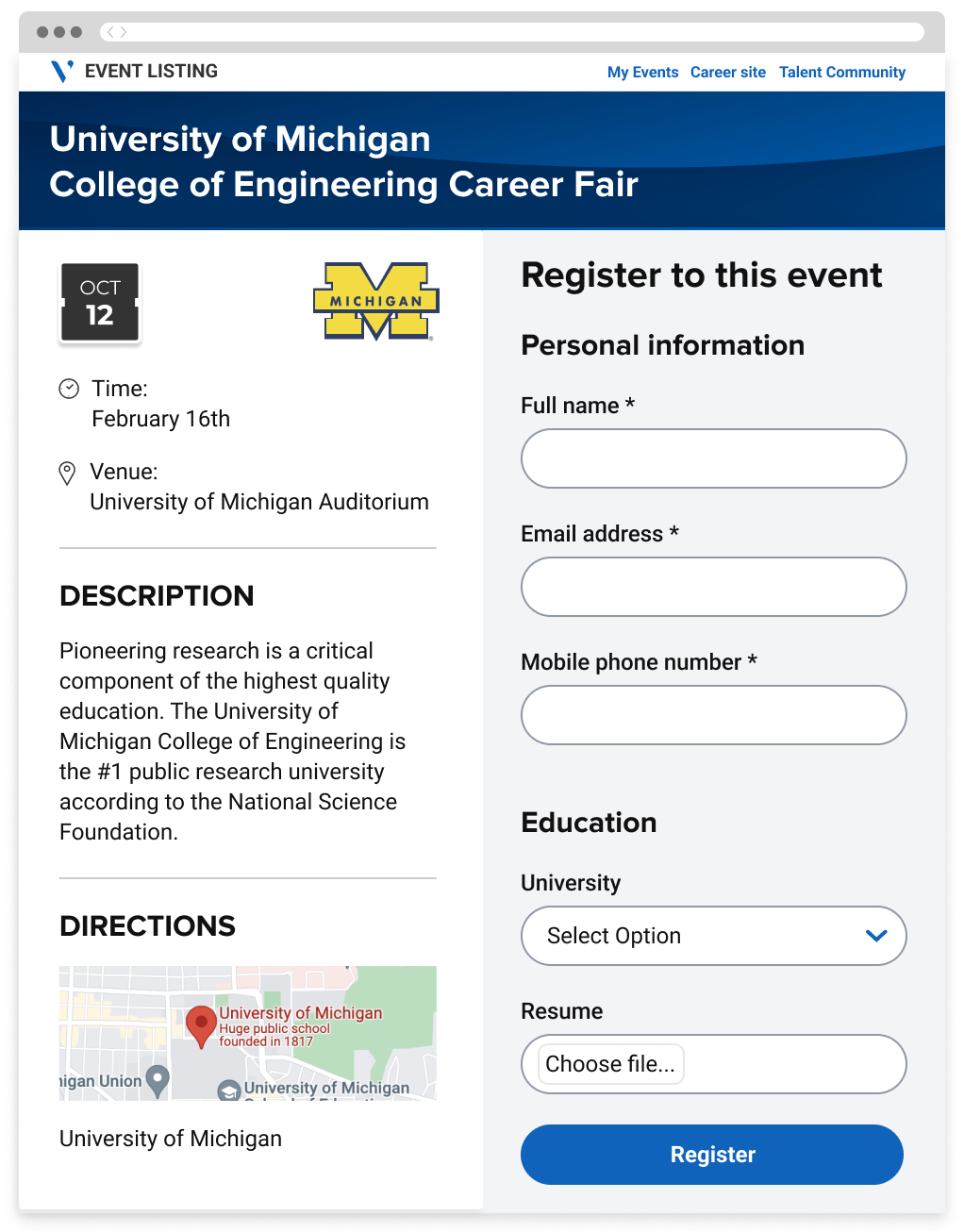 A portal showing an event's details on the left and a section to register to the event on the right.