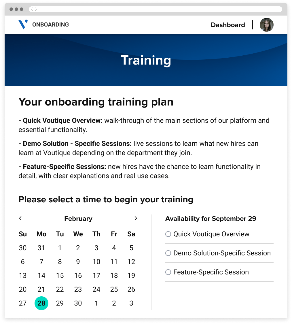 An onboarding portal showing a calendar and time slots for new hires to schedule training sessions for their training plan.