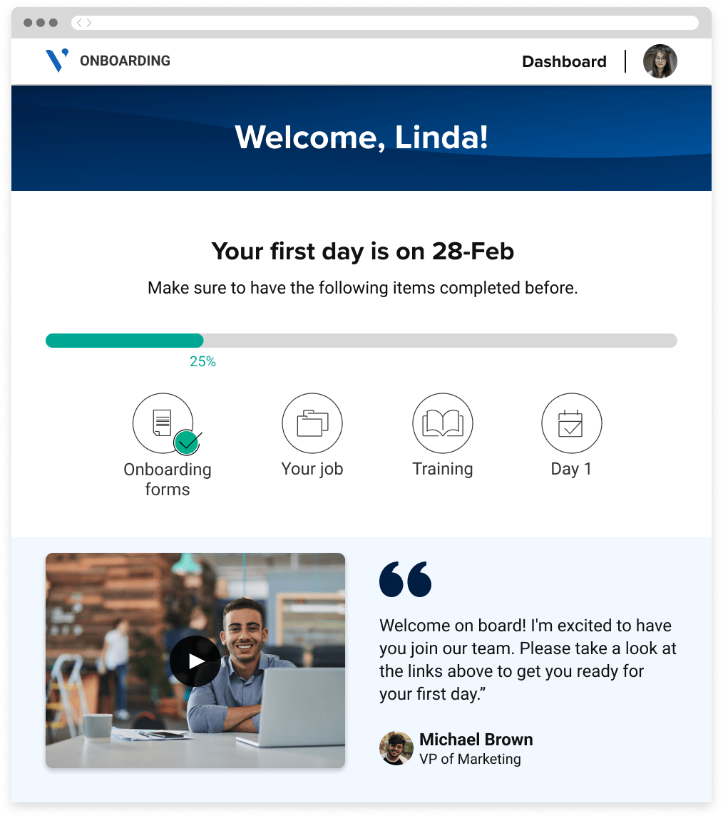 A portal showing information about the new hire's onboarding process and a progress bar indicating their status.