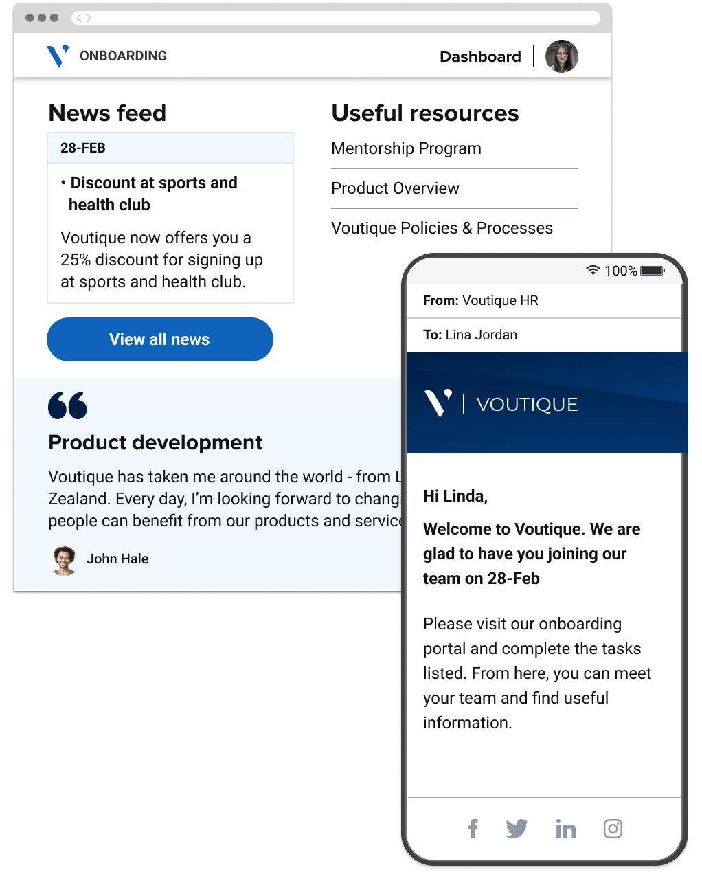 An onboarding portal home page showing news and resources, and a personalized email welcoming the user to the company.