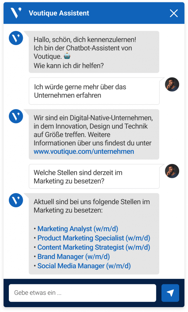 Bild des Avature Chatbot, der eine Frage beantwortet und auf Wunsch eines Kandidaten Stellen im Marketingbereich auflistet.