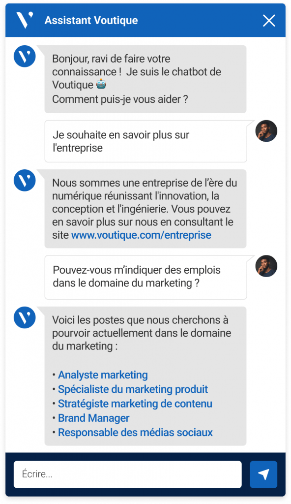 Image du chatbot Avature qui répond à une question et propose des emplois dans le domaine du marketing, sur demande d’un candidat.