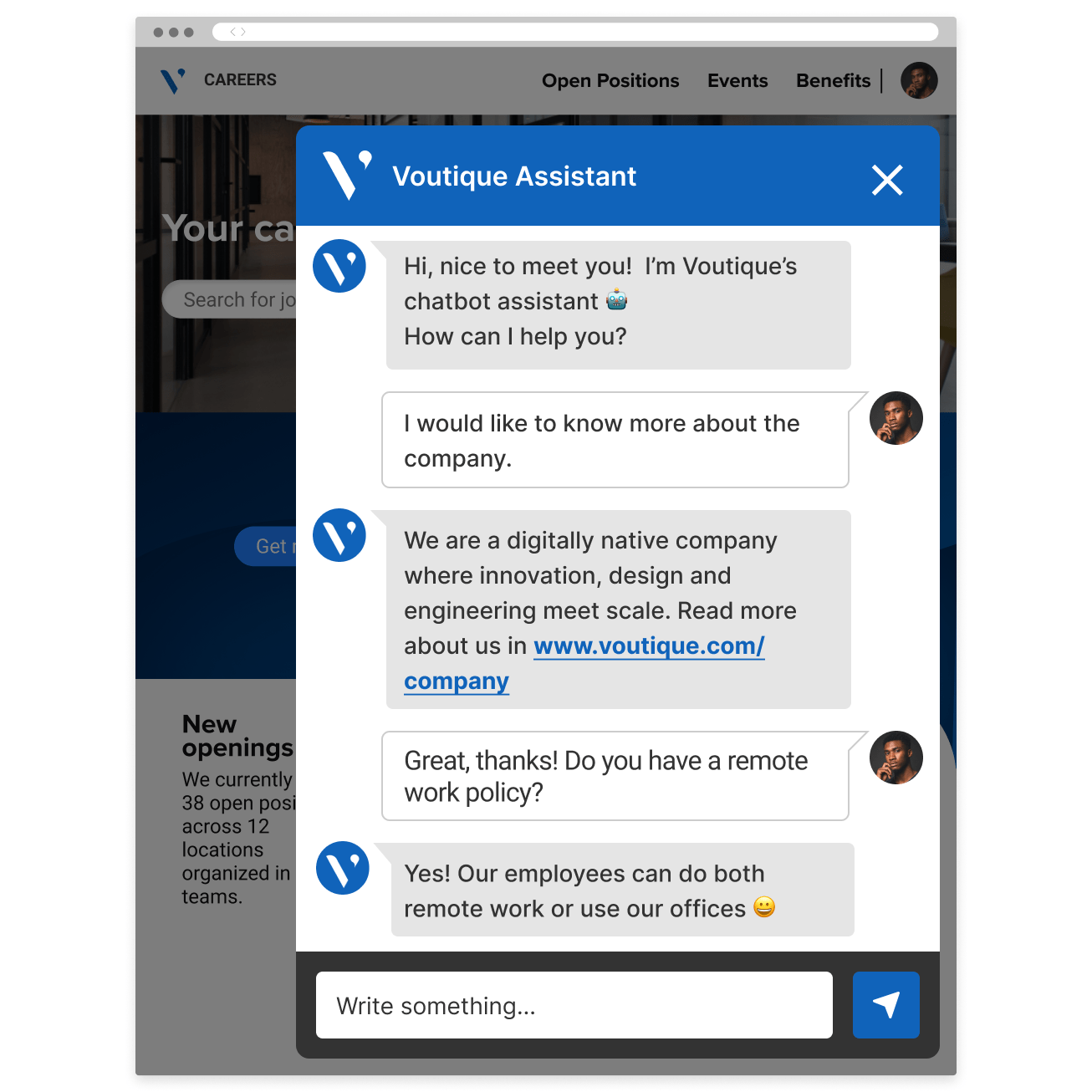 A chatbot interface offering information about Voutique.