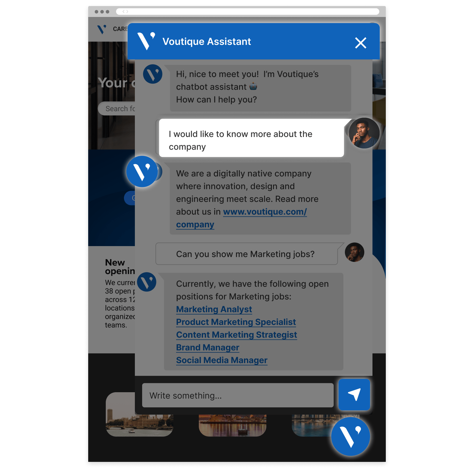 A chatbot interface offering information about Voutique.