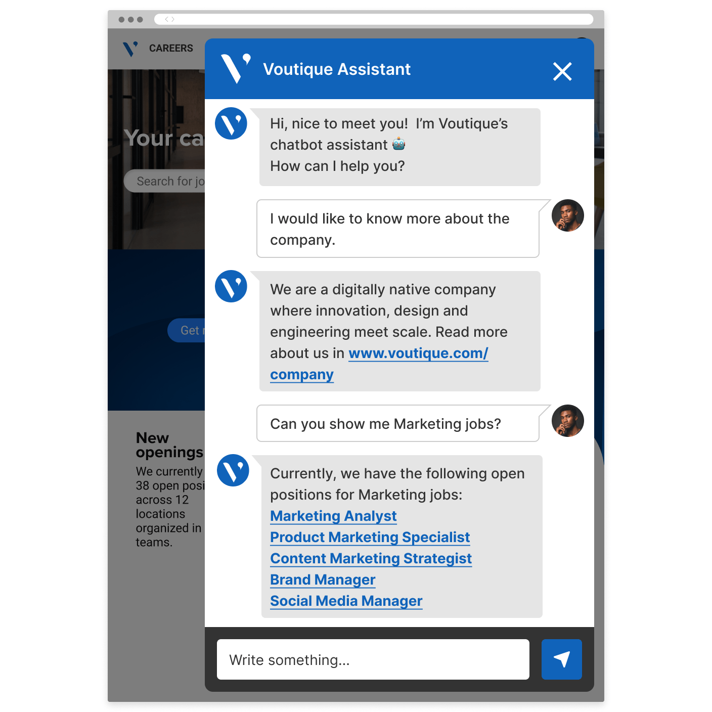 A chatbot interface offering information about Voutique.