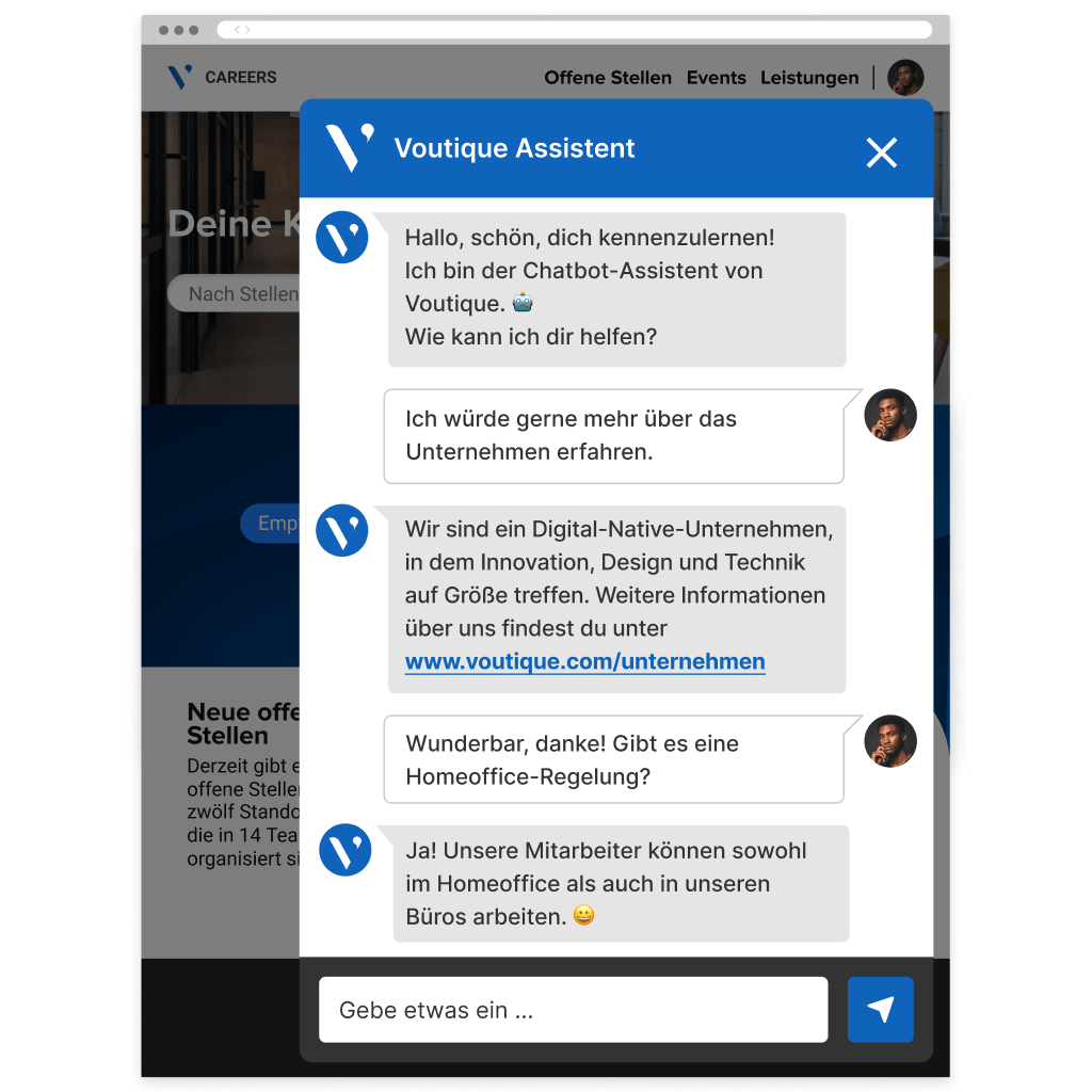 Eine Chatbot-Oberfläche, die Informationen über Voutique bereitstellt.