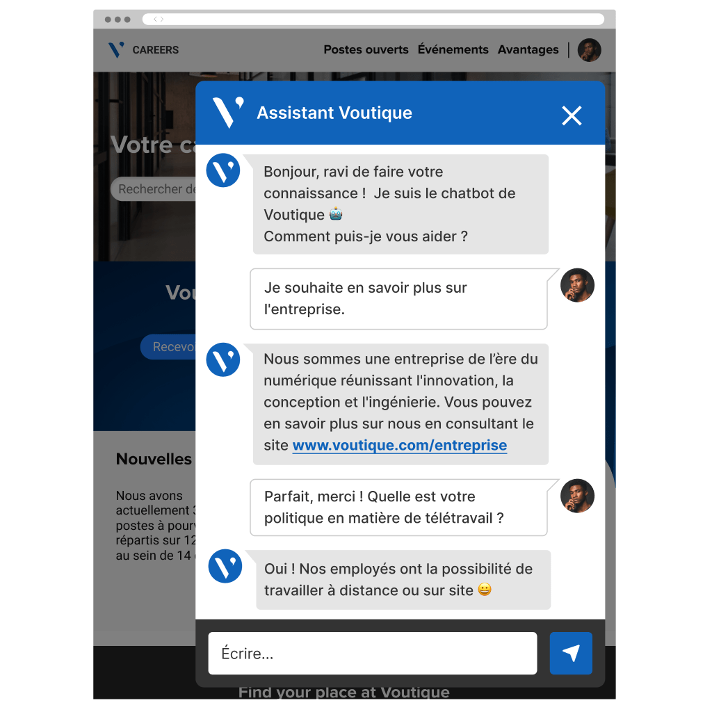 Une interface de chatbot présentant des informations sur Voutique.