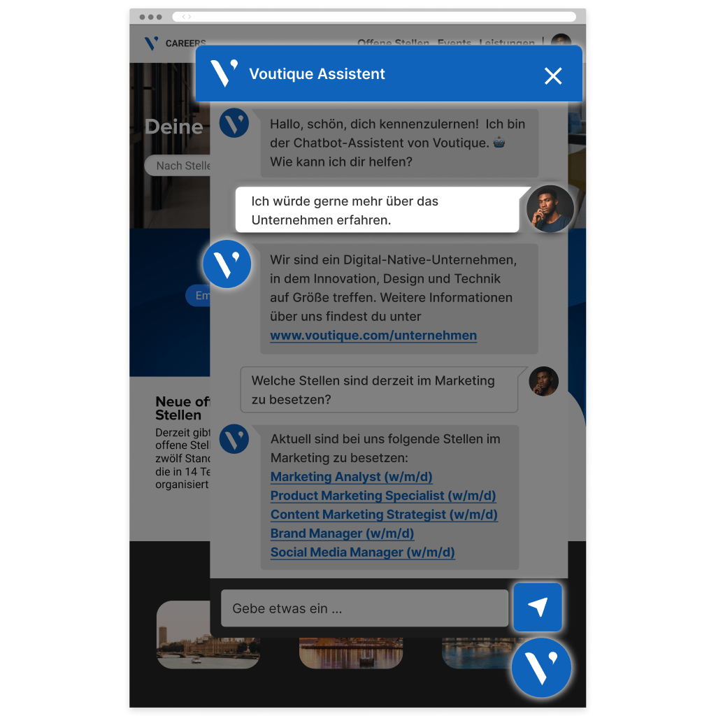 Eine Chatbot-Oberfläche, die die Nachricht anzeigt: „Ich würde gerne mehr über das Unternehmen erfahren.“