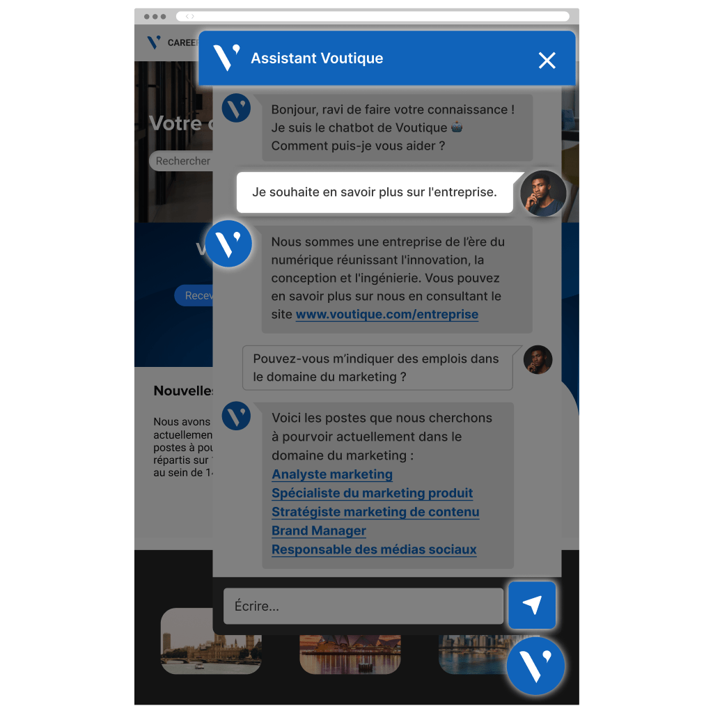 Une interface de chatbot affichant le message : « Je souhaite en savoir plus sur l’entreprise. »