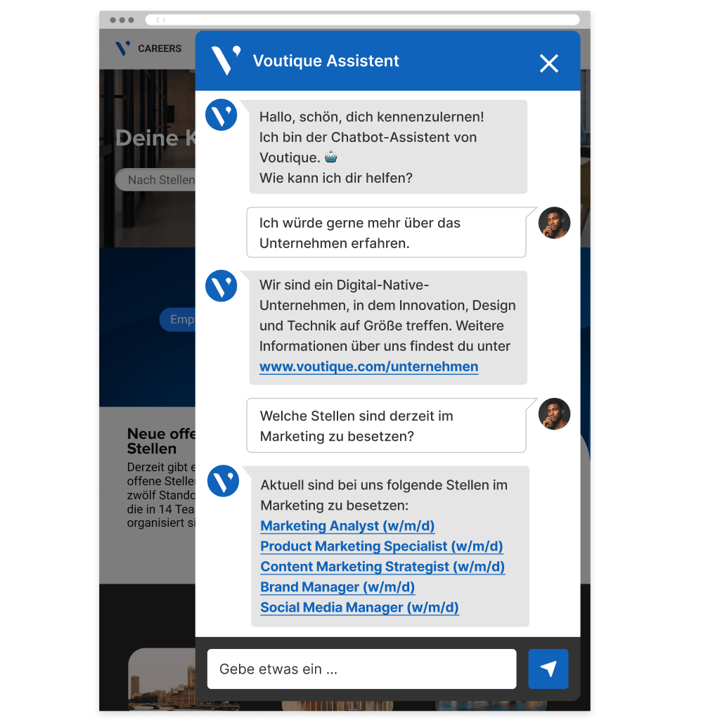 Eine Chatbot-Oberfläche, die offene Stellen anzeigt.