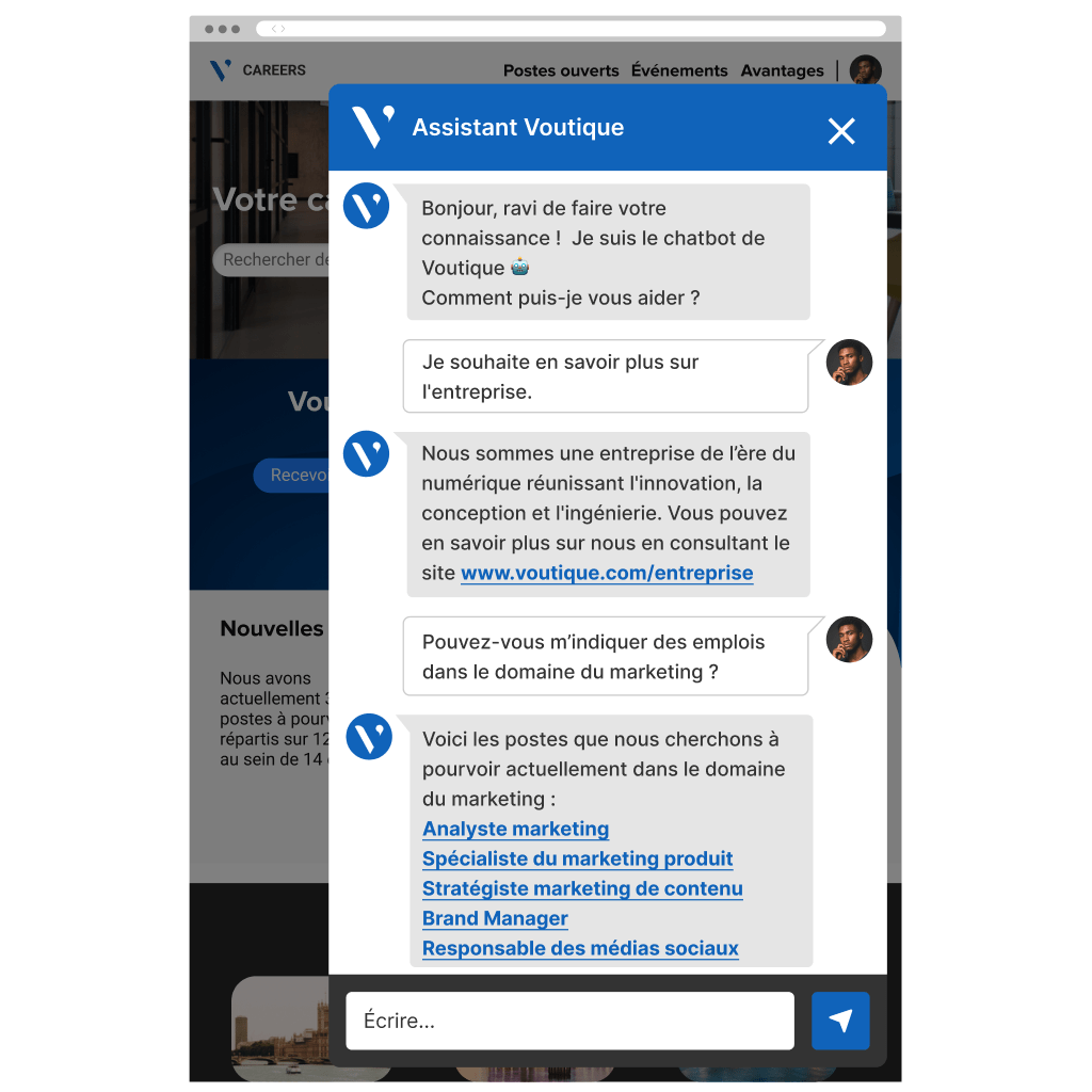 Une interface de chatbot affichant des offres d’emploi.