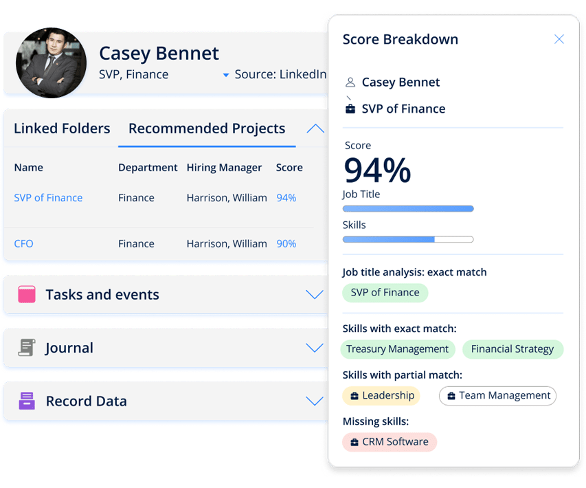 Screenshot of executive recruitment software displaying the breakdown of a lead’s suitability score and skills for a director of marketing role.