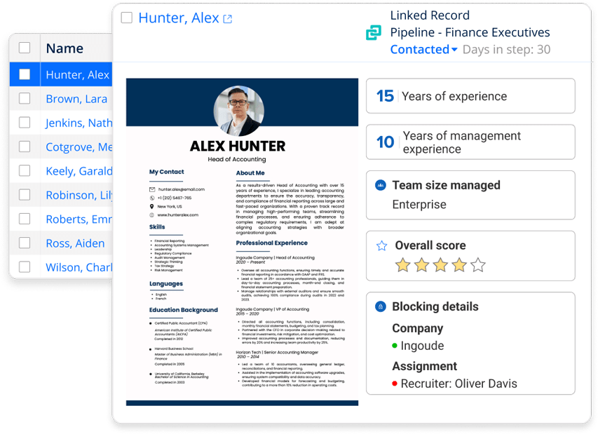 Screenshot of recruitment software showing a candidate job record, including work experience and a suitability score.