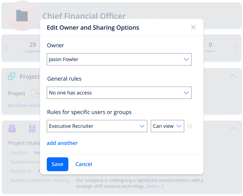 Screenshot of software displaying project workflow information and sharing options