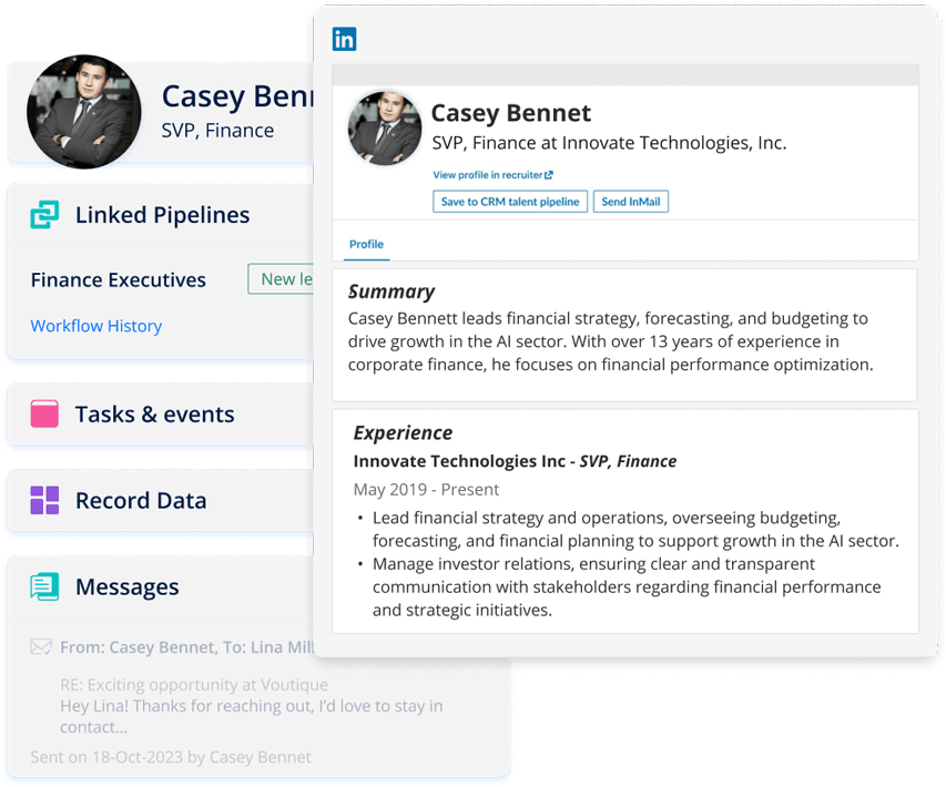 Screenshot of a profile of a Finance Executive alongside LinkedIn information.