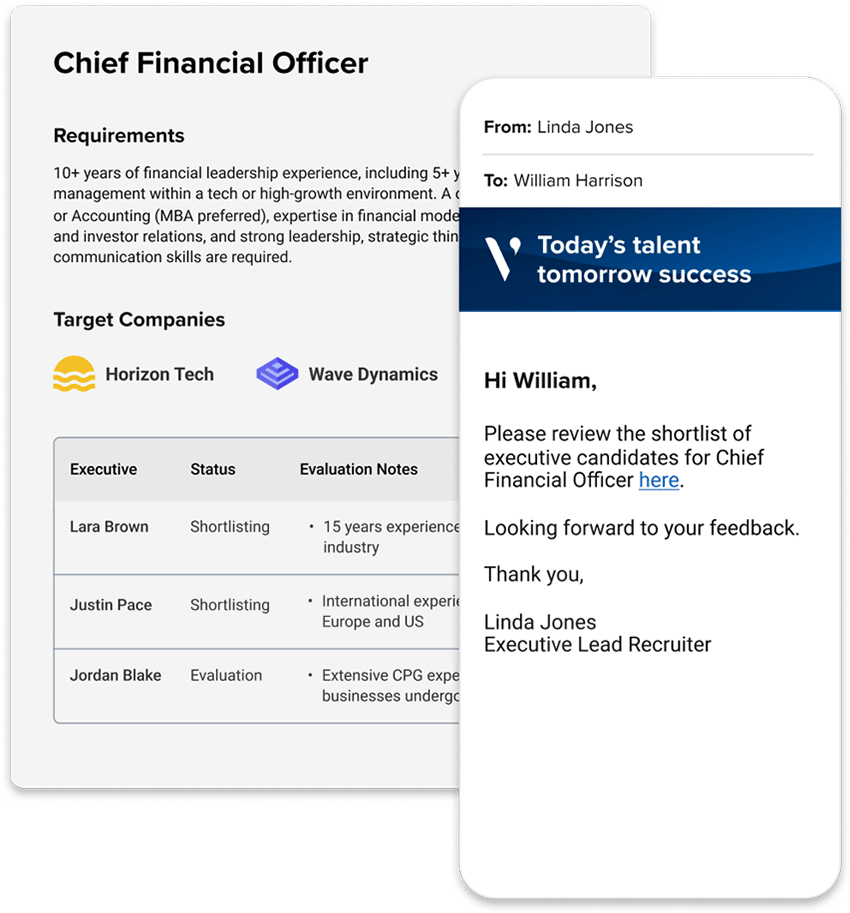 A screenshot of a mobile phone displaying a portal request for feedback regarding an executive candidate alongside a breakdown of a shortlist of candidates and their companies.