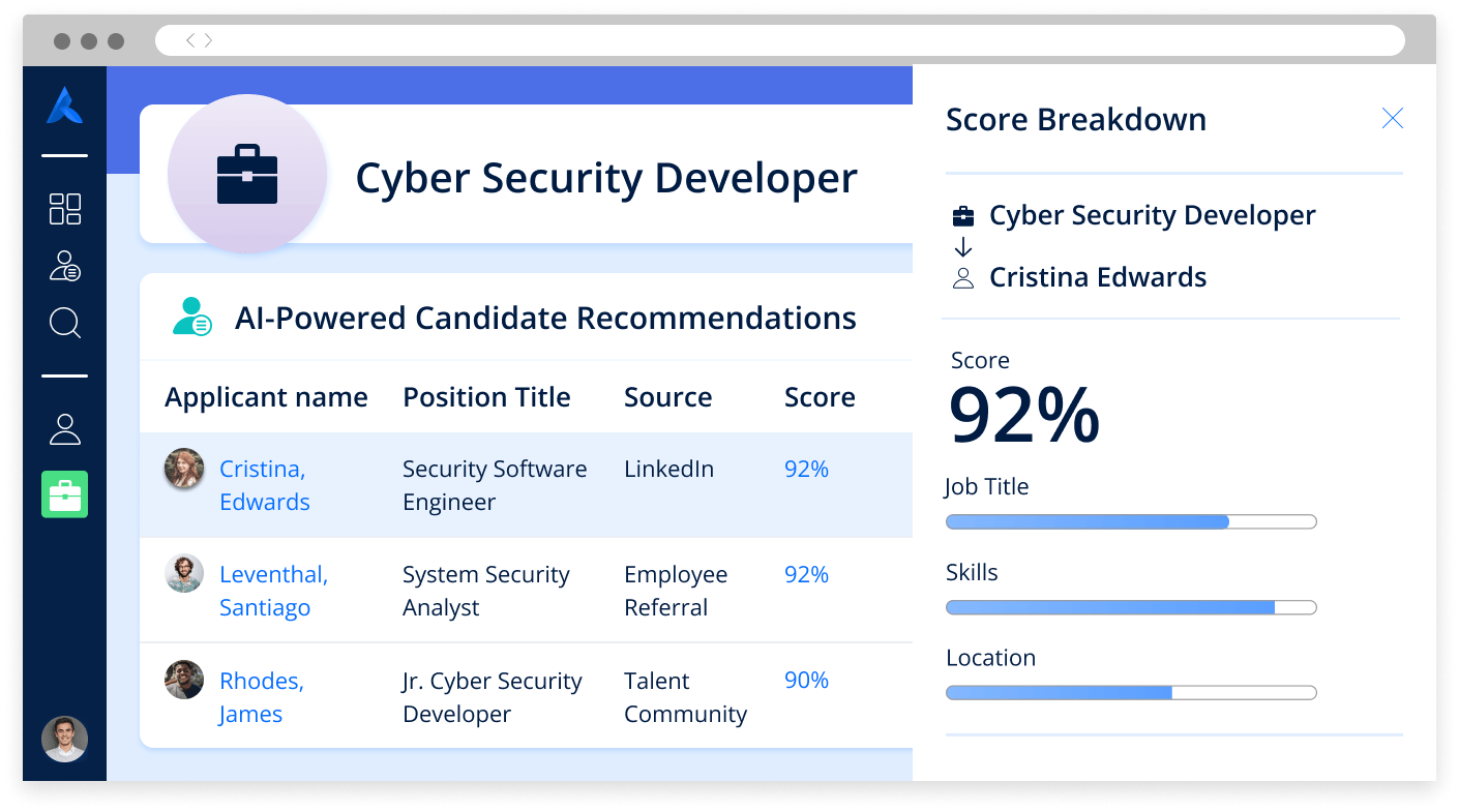 Screenshot showing Avature AI-Powered Candidate Recommendations with score breakdown