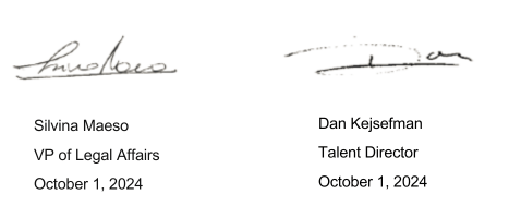 The signature of Silvina Maeso, vice president of legal affairs, and Dan Kejsefman, Talent Director.