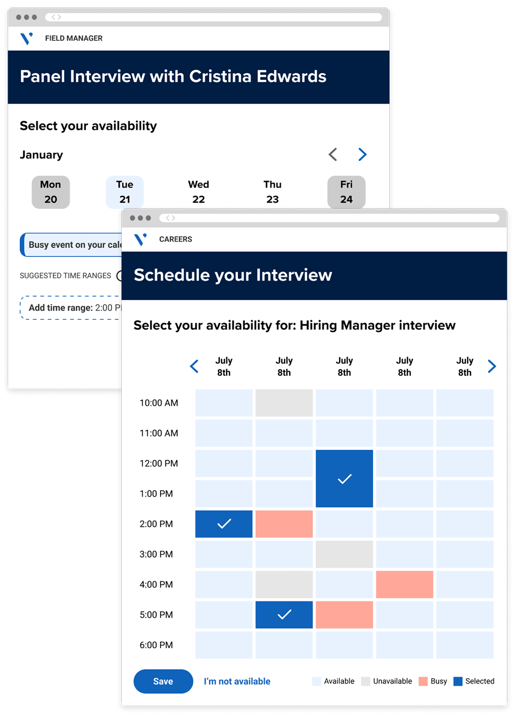 Screenshot of automated interview scheduler for candidates, providing a selection of dates and timeslots