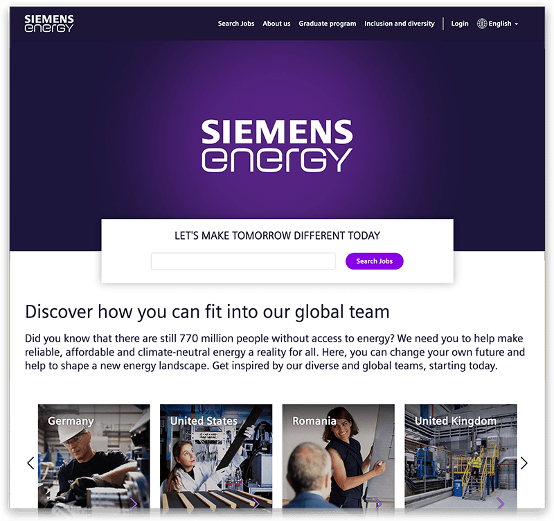 Image showcasing Siemens Energy career portal built with avature